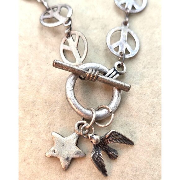 Silver Peace Sign Necklace W/ Star & Bird Charms - Picture 2 of 3
